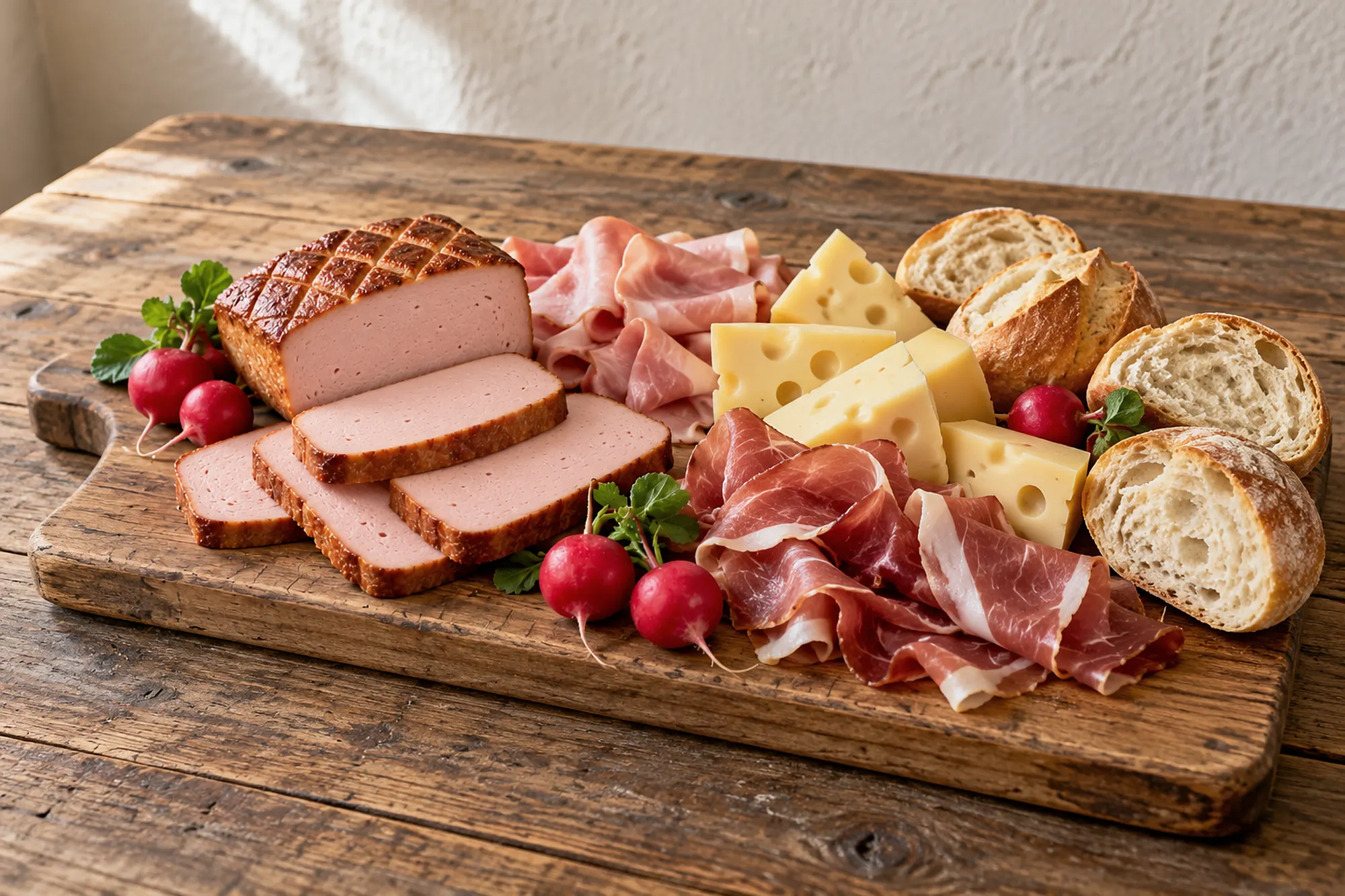 Brotzeitbrett mit dem Belag der Partybreze: Leberkäse, Schinken, Emmentaler, Radieschen und Semmeln