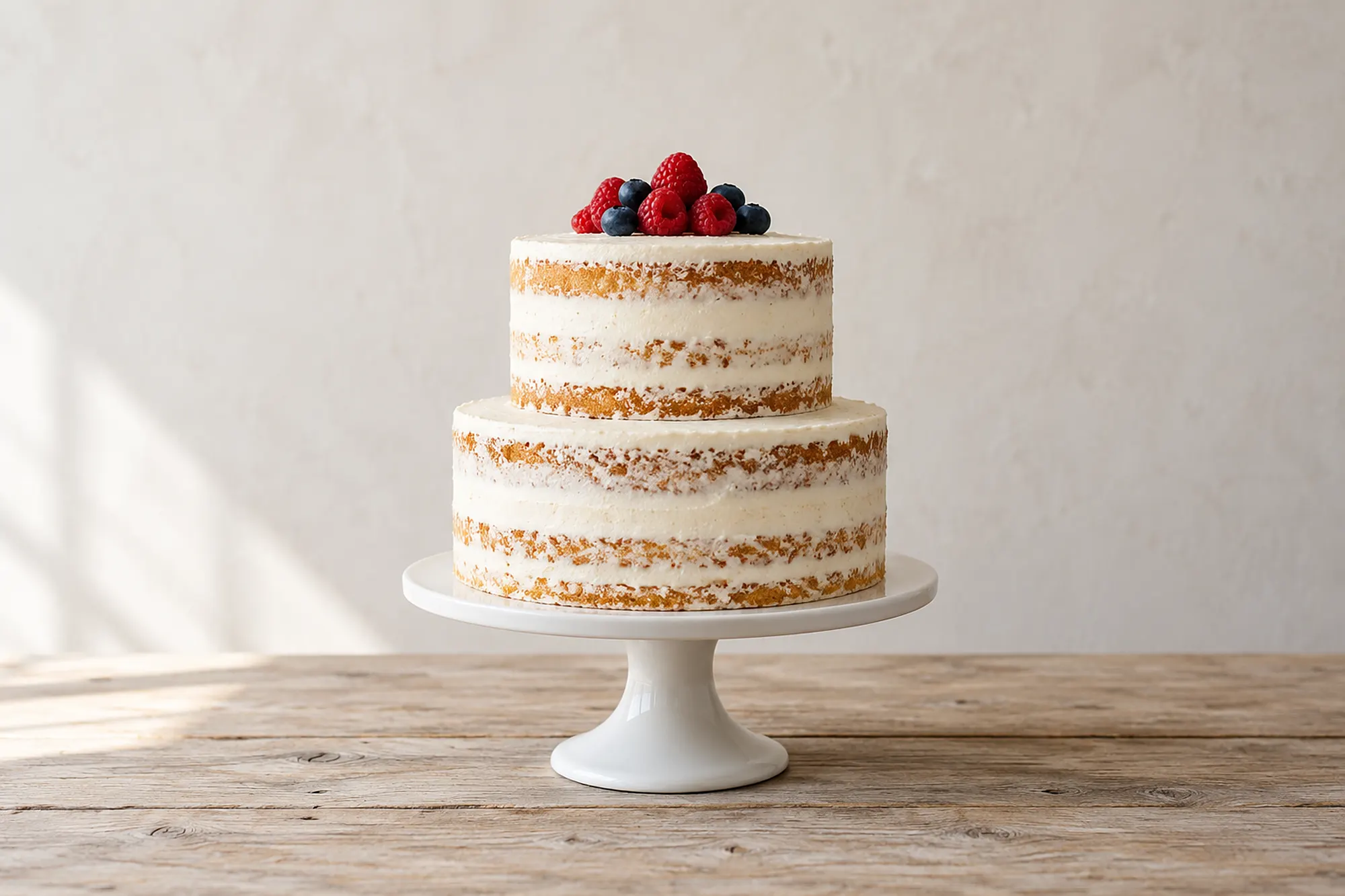 Zweistöckige Hochzeitstorte im Naked-Cake-Stil mit Himbeeren und Heidelbeeren