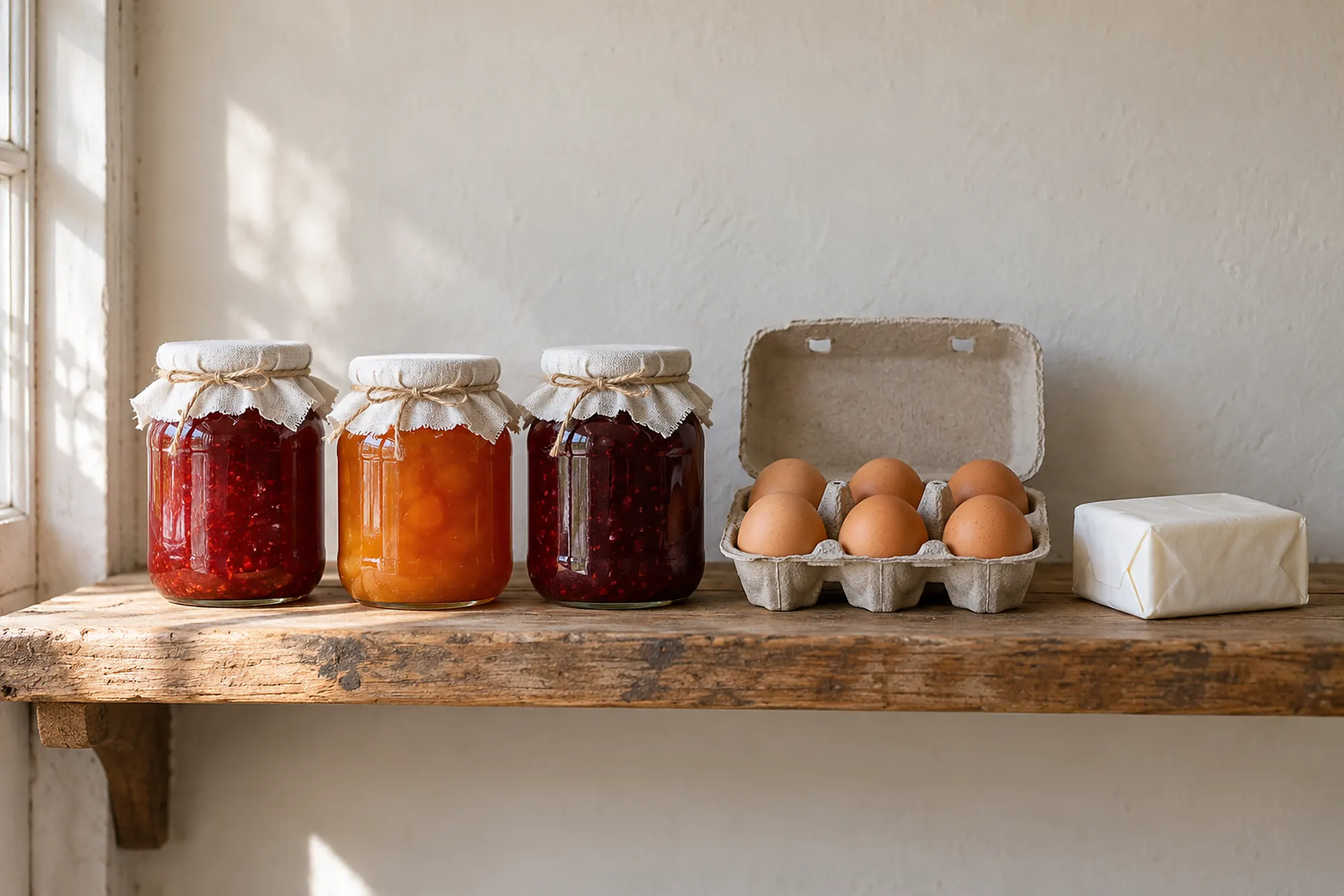 Gläser mit Marmelade, Eier im Karton und ein Stück Butter auf einem Regal